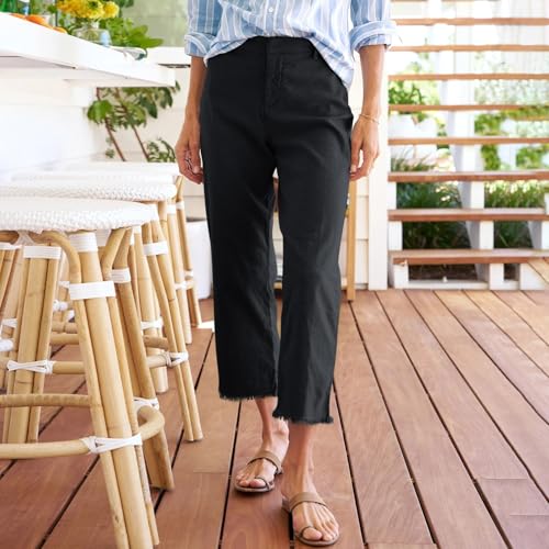 Wide Leg Dress Pants for Women Frayed Hem Elastic High Waisted Linen Pants Casual Summer Cropped Pants with Pockets2