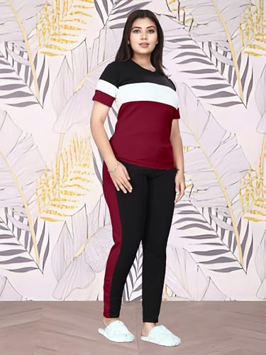 Image of Cotton Blend Tracksuits for Women Half Sleeves Round Neck Woman Workout T-shirt & Pant for Sports Comfortable and Breathable Gym Wear for Womens Tracksuit Set with Top & Bottom Pants