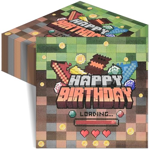 qingmeng 40 Stück Happy Birthday Servietten Miner Geburtstagsdeko Mitgebsel Party Deko Pixelmotiv Servietten Geburtstag Kinder Kindergeburtstag Jungen Mädchen