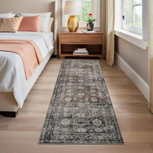 GarveeHome Runner Rugs 2x6 Vintage Printed Hallway Rugs with Non-Slip Backing, Stain-Resistant Oriental Area Rugs, Washable Farmhouse Low Pile Rugs for Kitchen, Laundry, Red Green