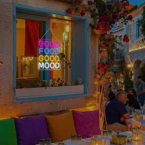 Image of Horseneon Good Food Good Mood Neon LED Sign, Food Neon Signs for Wall Decor, Good Food Good Mood Neon Light with USB Powered for Snack Shop, Restaurant, Fast Food