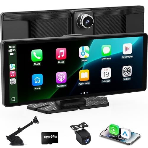 Wireless Carplay Screen for Car,10.26 inch Portable Car Play & Android Auto Touch Screen,4K Front & Rear Backup Camera Car Stereo,Loop Recording,GPS, Voice Control,Mirror Link,FM,AUX for All Vehicles