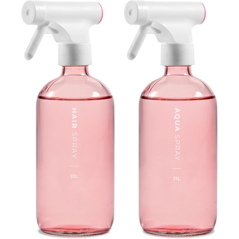 MAISONOVO Water Spray Bottle For Hair Set of 2 - Pink 500ml Refillable Glass Spray Bottles For Hair, 16 Labels