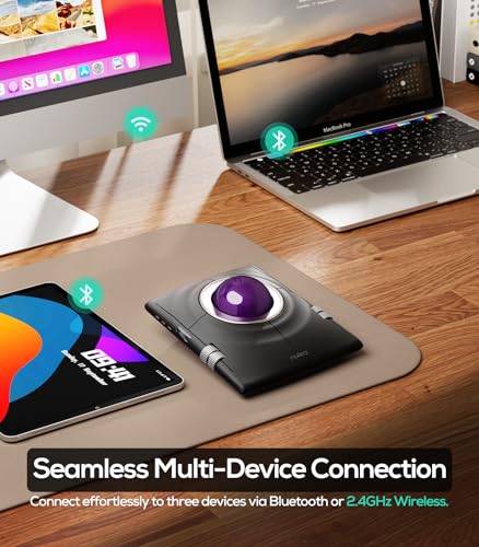 Image of Nulea Wireless Trackball Mouse Ergonomic 55mm Large Ball Ambidextrous | Rechargeable mouse with free spin scroll wheel,quiet clicks,Bluetooth USB connection,smooth tracking,PC Mac compatible-Purple
