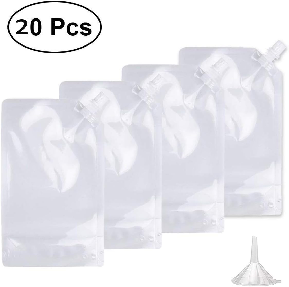 Plastic Drinks Flasks, Reusable Drink Pouch Liquor Pouch Drinks Foldable Cruise Kit with Spout Flask Funnel (20 pcs）