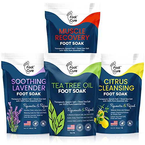 Foot Soak with Epsom Salts- Variety Pack of 4- Tea Tree Oil, Muscle Relief, Calming Lavender & Citrus Soak- for Foot Pain, Soreness, Athletes Foot, Odors, Toe Nail Fungus, Fungal, Calluses Made in USA
