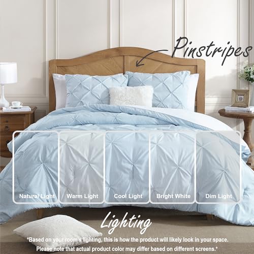 Image of Swift Home Full /Queen Pinstripe Chambray Blue Comforter Set - Classic Pintuck Bedding Set - 3 Pieces Bed Linen, 1 Comforter and 2 Pillow Shams