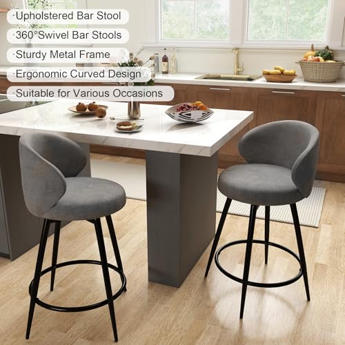 Image of 360 Swivel Modern Bar Stool Set of 2, 26 inch Upholstered Counter Height Bar Stools with Wingback, Soft Linen Fabric, Counter Chairs with Arm for Kitchen Island or Home Bar, Grey