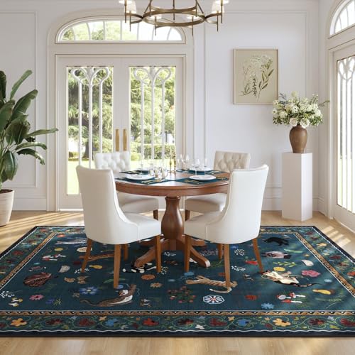 Area Rugs 8x10 Rug for Living Room Clearance Washable Boho Area Rug Non Slip Floral Animal Cat Vintage Low Pile Large Rug for Bedroom Farmhouse Dining Room Kids Playroom, Pearl Gentian Blue