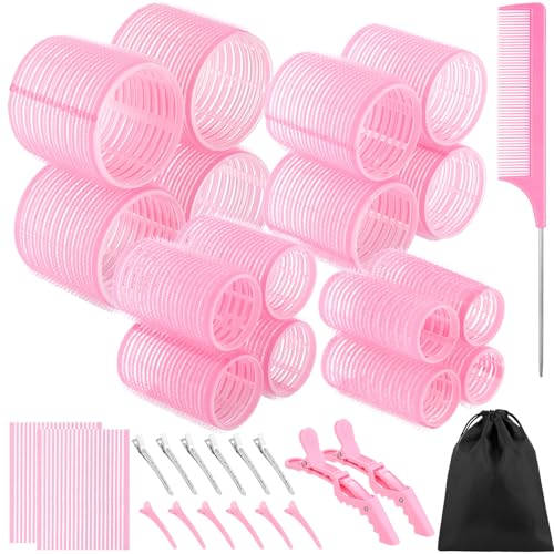 4 Sizes Self Grip Hair Rollers Set, 16 Pink Hair Rollers for Women with 17 Hair Clips Rat Tail Comb, Hair Rollers Curlers for Volume Long Medium Short Hair
