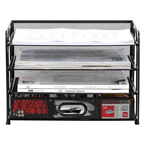 EasyPAG 4 Tier Desktop A4 Mesh Filing Tray Office Desk Tidy File Holder Paper Organiser Magazine Storage Rack with Stationery Drawer,Black - Image 3