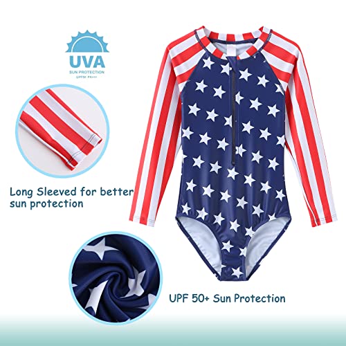 Image of Girls Long Sleeve Rash Guard One Piece Swimsuit Kids UPF 50+ Sun Protection Swimwear Rainbow Striped Bathing Suit 3-14 Years