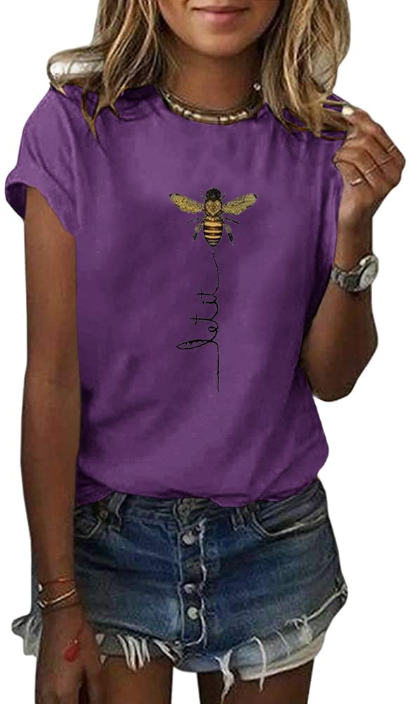 Auburet Womens Short Sleeve Let it Bee T Shirts Casual Graphic Cute Letter Printed Loose Tees Tops A-Grey