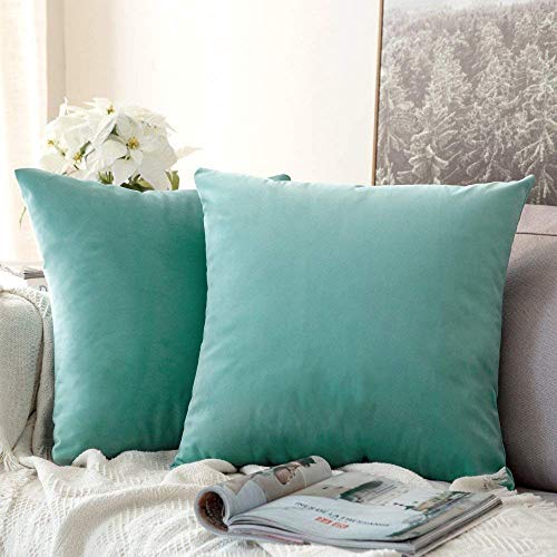 Image of Decorative Holland Velvet Cushion Square Pillow Covers Pillowcases for Sofa Bedroom with Invisible Zipper || (Aqua Green, Set of 5 Piece (16X16 Inches)