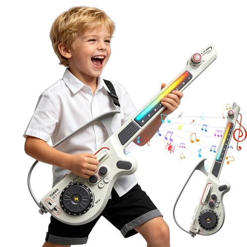 Stringless Smart Guitar for Kids, Electric Guitar Toy with Bluetooth, DJ Mixer, 4 Tones & 3 Styles, Rechargeable Musical Instrument Gift for Boys Girls Ages 3-12 (Gray)