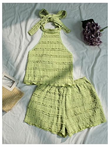 GORGLITTER 2 Piece Sets for Women Summer Crochet Textured Tie Back Crop Halter Tops and Shorts Set4