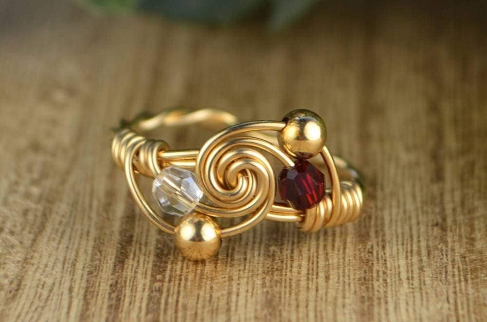 Personalized Ring- Any Two Crystal Birthstones in Sterling Silver or 14kt Yellow or Rose Gold Filled Wire- Handmade Wire Wrapped Ring- Custom made to size 4-14