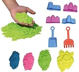 Contiene: 4 modelos de castillos y torres, pala y rastrillo. 200 gr de arena de colores verde, amarilla, celeste y rosa. 800 gr. en total