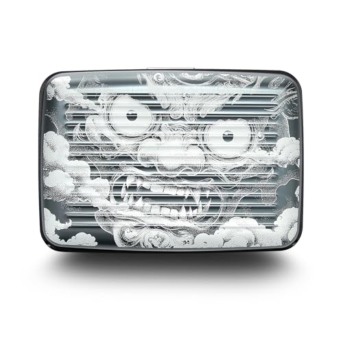 Image of OGON -DESIGNS- Aluminum card holder, RFID protection against fraud and demagnetization, compact wallet, Smart Case STOCKHOLM model (Engraving Demon Tattoo, Extra-secure lock)