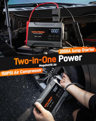 Image of WOLFBOX MV10A 2000A Jump Starter with Air Compressor, 37Wh Car Battery Jumper Starter Portable (5L Gas /3L Diesel Engines) with 150PSI Tire Inflator, 12V Jump Box with Jumper Cables, Boost, LED Light