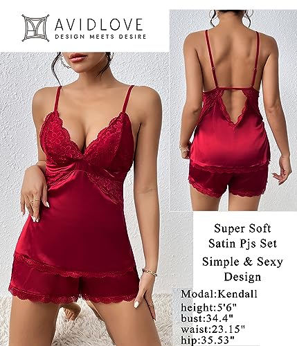Image of Avidlove Women Sleepwear Satin Pajamas Set Lace Camisole Shorts Nightwear