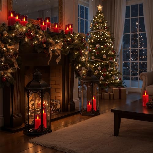 Image of Homemory Decorative Flameless Candles, Battery Operated Candles with Remote & Timer, Flickering Led Pillar Candles, Plexiglass, Red, Pack of 9, D2.2 xH 5 inch 6 inch 7 inch