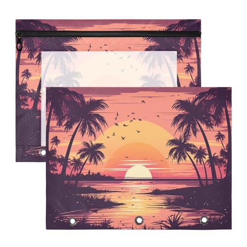 ATTX Pacote com 2 bolsas para fichário de palmeiras do pôr do sol - Bolsa impermeável com zíper com 3 anéis com janela transparente, acessórios de material de escritório para estojos de lápis e