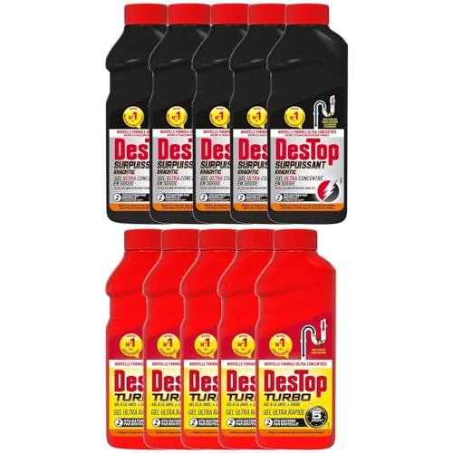 DESTOP Lot de 5 Packs Gel Déboucheur Surpuissant 500ml + Turbo 5 min Javel 500ml