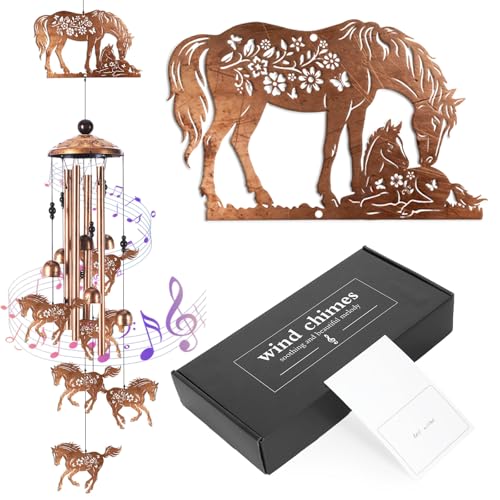 Riletese Horse Wind Chimes for Outside - Horse Outdoor Hanging Decor Metal Wind Catcher with Gift Boxes and Greeting Cards Warming Gifts for Women Men Yard Porch Balcony Garden Decoration