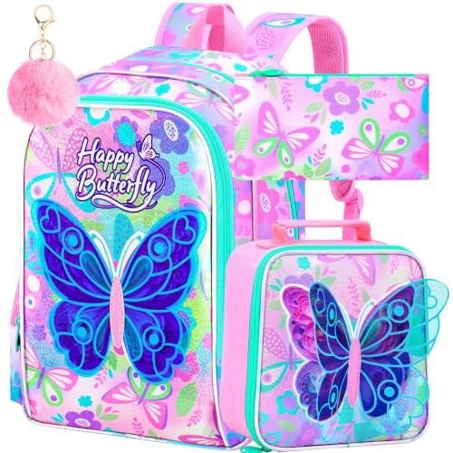 Image of CCJPX 3Pcs Butterfly Backpack, 16 inch Kids Girls Bookbag with Lunch Box, Water Resistant Elementary School Bag for Kindergarten Preschool Toddler (Pink)