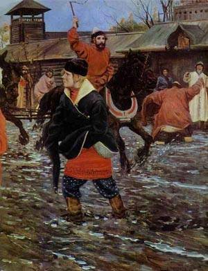 Peinture à l'huile d'une rue de Moscou du XVIIe siècle par Andrey Ryabushkin en toile 1895