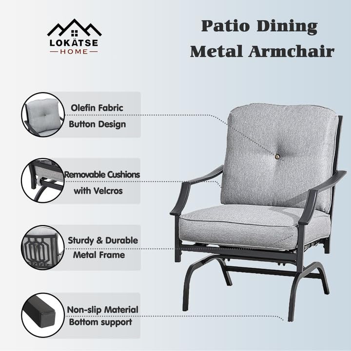 Image of LOKATSE HOME 2 Pieces Outdoor Conversation Furniture Patio Bistro Armchair Set Metal Single Dining Chairs with Cushion, Grey