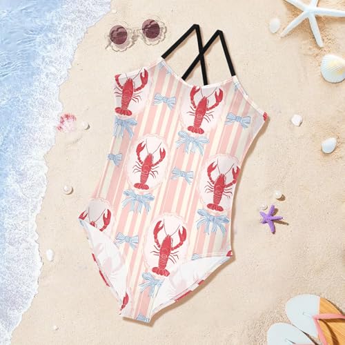 Blue Bow Lobster Girls One Piece Swimsuits Summer Quick Dry Beach Bathing Suit3