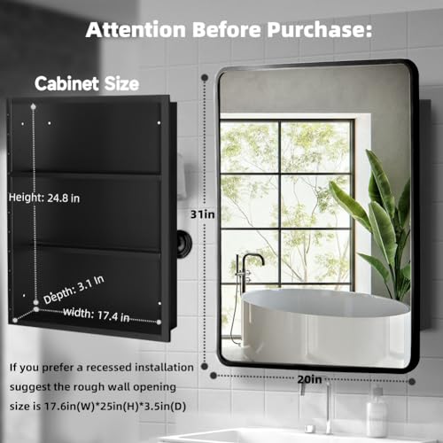 Image of Movo Black Metal Framed Bathroom Mirror Medicine Cabinet, 20 Inch x 31 Inch, Tilting Beveled Vanity Mirror, Recess or Surface Mount Installation