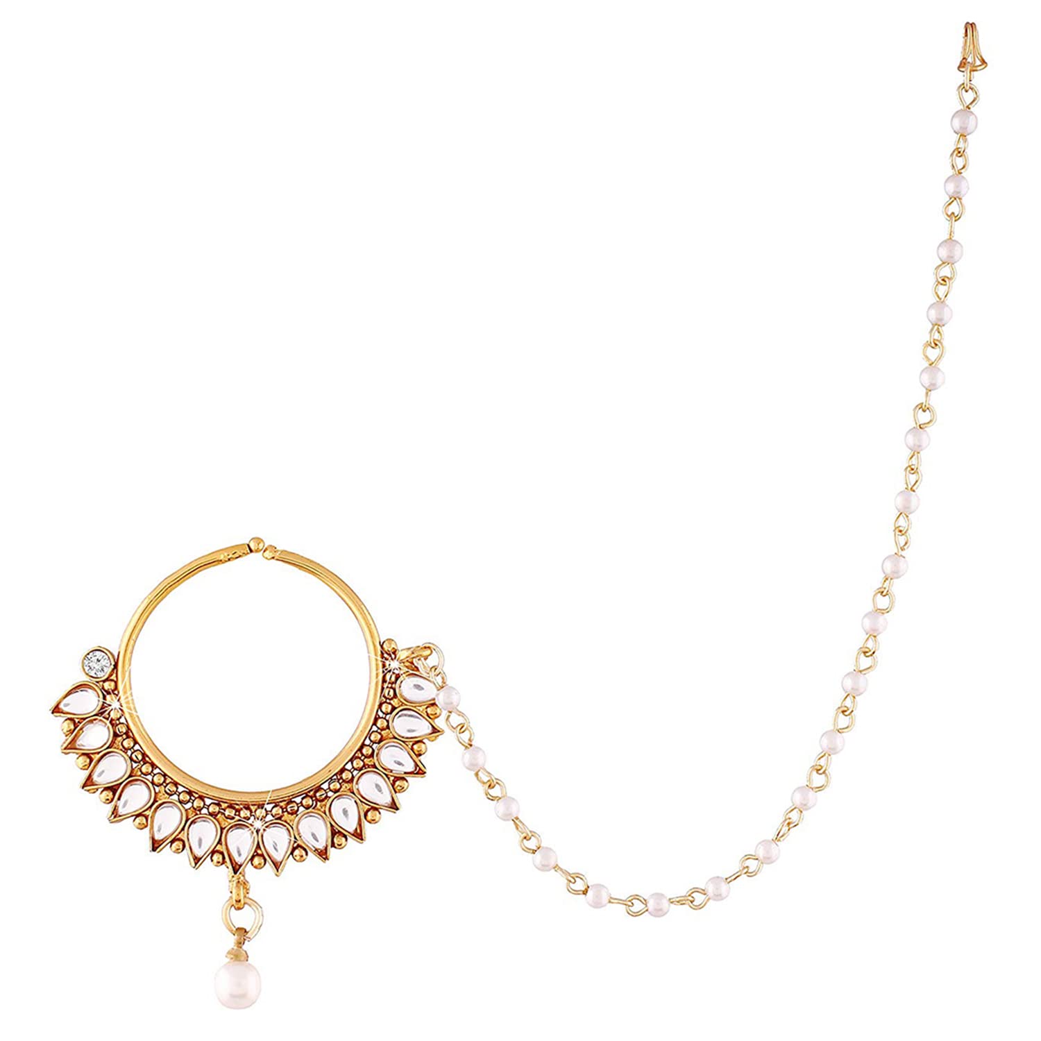 peora 18K Gold Plated Wedding Pearl Kundan Nose Ring/Nath with Pearl Chain for Women Girls Padmavati Jewellery-picture-19
