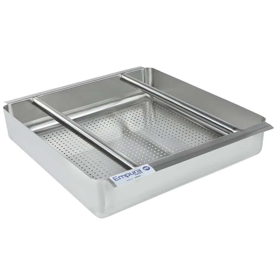 EMPURA 20" Wide Stainless Steel Pre-Rinse Basket with Slide Bar | Commercial Soiled Dishtable Replacement Accessories for Restaurant Diner Cafeteria Kitchen | 19.5"W x 19.5"D x 4"H, 18 Gauge, NSF