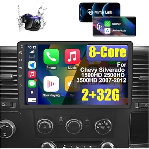 8 Core Car Radio Stereo for Chevy Silverado 1500HD 2500HD 3500HD 2007-2012 with Wireless Carplay Android Auto, 10.1'' HD Touchscreen Android 12 with Backup Camera Bluetooth AM/FM/RDS WiFi GPS Cover