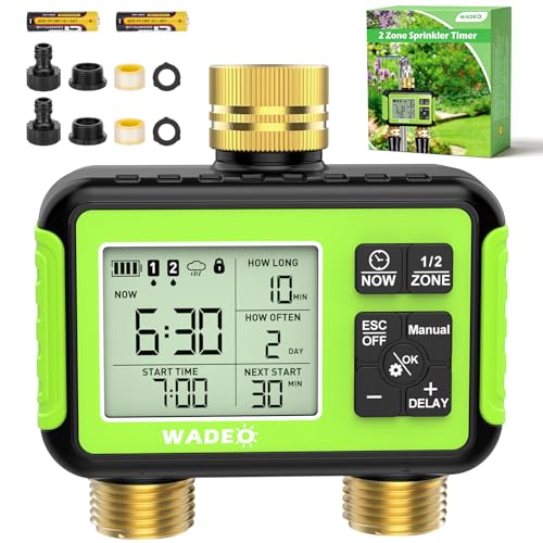 WADEO Programador de riego 2 Salidas, Entrada y Salida de latón, Pantalla LCD, riego automático, Temporizador de Agua con Modo automático/Manual/retardo por Lluvia, para jardín y césped