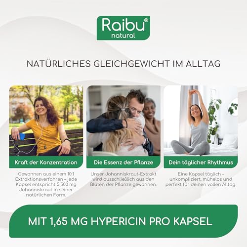 Johanniskraut Kapseln Hochdosiert - 5500 mg Johanniskraut pro Kapsel (10:1 Extrakt) - Natürliches Hypericin - 180 Kapseln, 6 Monate Vorrat - Vegan & Ohne Zusatzstoffe - Raibu