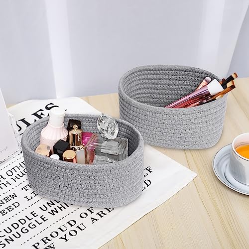 【2 Pack】Abenkle Small Woven Baskets, Tiny Oval Shallow Storage Baskets, Mini Cotton Rope Empty Decorative Basket, Boho Montessori Little Organizer Bins For Nursery Room Kids Baby Dog Toy Gifts-Grey #TOP5