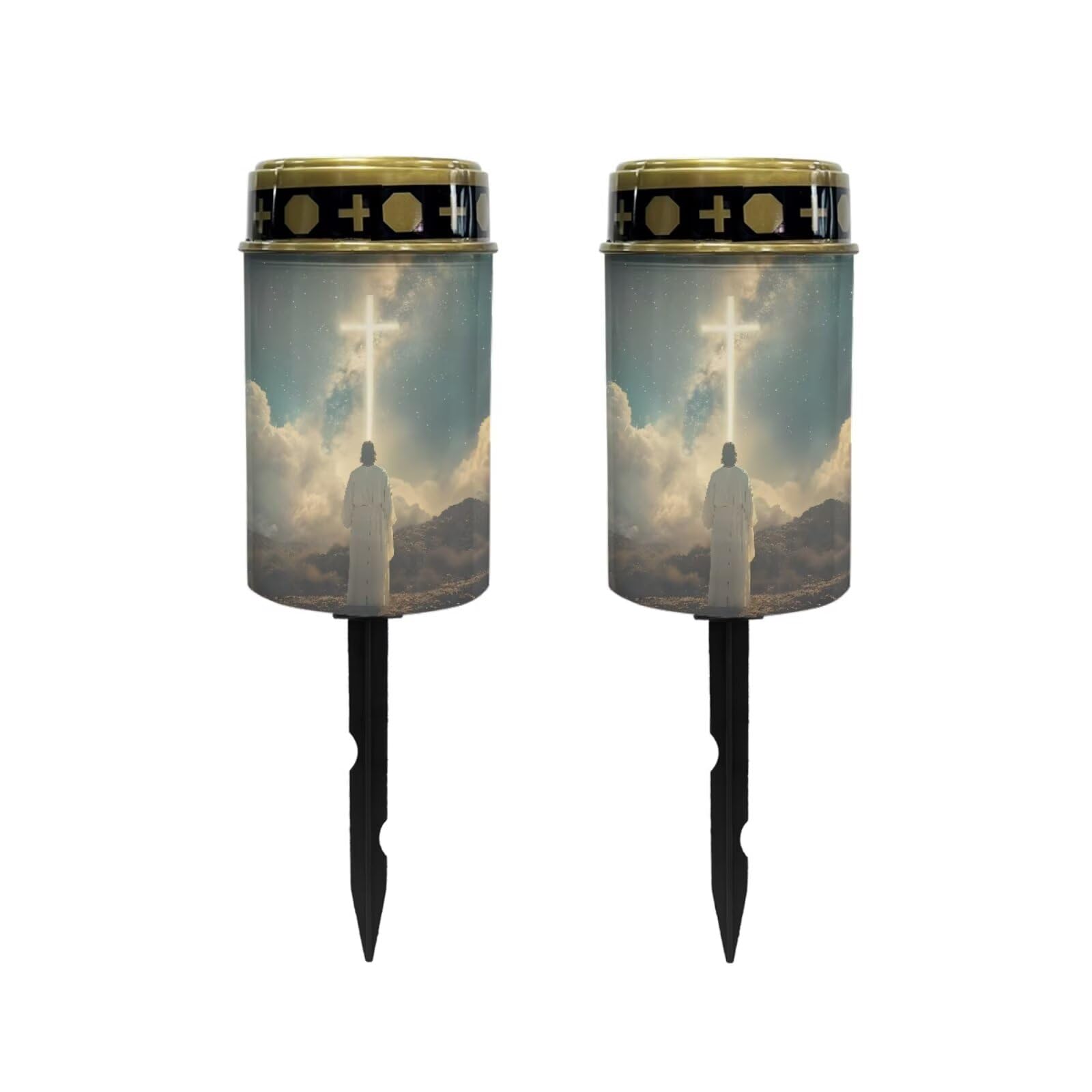 Poceacles 2 Pack Cross Solar Lights Waterproof Solar Garden Lights Cemetery Solar Outdoor Lights Outdoor Stake Automatic Solar Lantern for Cemetery Grave Decoration, God Cross Galaxy Blue