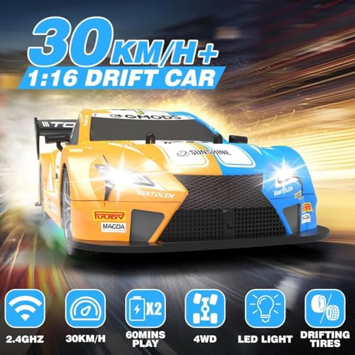 Image of Rc Drift Remote Control Car 1:24 Scale, High-Speed, 4Wd, Led Lights, Rechargeable Racing Car, Drifting Tires, 2.4Ghz, for Kids (RC Drift Car - Sky Blue)