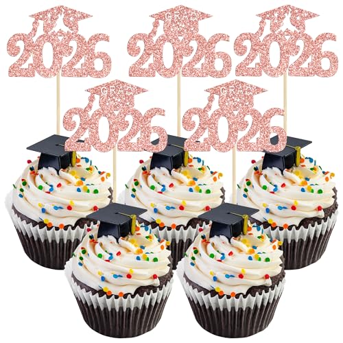 Gyufise 24Pcs 2026 Graduation Cupcake Toppers Glitter Diploma Grad Cap Cupcake Picks Graduation Cap 2026 Cake Decorations for 2026 Grad Theme Party Decorations Supplies Rose Gold