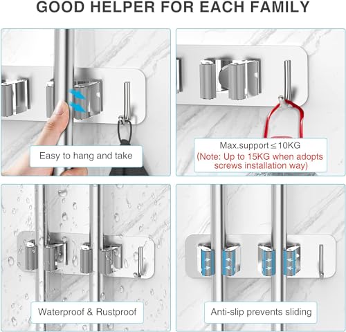 Image of Enclave Stainless Steel Mop and Broom Holder Wall Mounted Adhesive Storage Solutions for Broom mop etc, Garage Storage Systems Broom Organizer. (2 RACK 1 HOOK /SILVER, PACK OF 2)