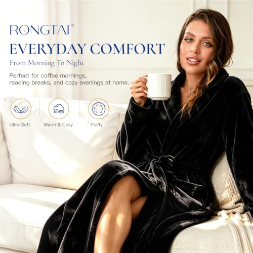 Image of RONGTAI Womens Bathrobe Ladies Fleece Plush Warm Long Robes Fleece Nightgown Sleepwear