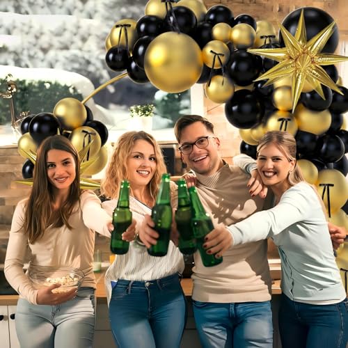 Image of Black and Gold Balloons Arch Garland Kit, 5 10 12 18 inch Black Gold Balloons with Explosion Star Balloons & 10pcs Black Bows,101pcs Balloons for Anniversary Wedding Birthday Party Decorations