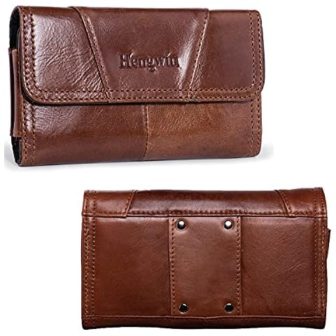 Hengwin Leather Cell Phone Holster with Belt Loop for iPhone 14 Pro Max Samsung Galaxy S22 Ultra A12 A03s LG Stylo 6 Google Pixel 6 Pro Motorola G Pure Magnetic Case Holder Travel Waist Pouch (Brown) Cover