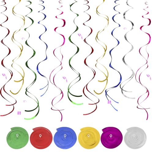 Colorful Ceiling Swirl Foil Decorations 30 Pcs- Hanging Swirls/Streamers Party Decorations in 6 Colors for Weddings, Birthdays, Graduations, Christmas - Easy to Assemble, Indoor & Outdoor Use