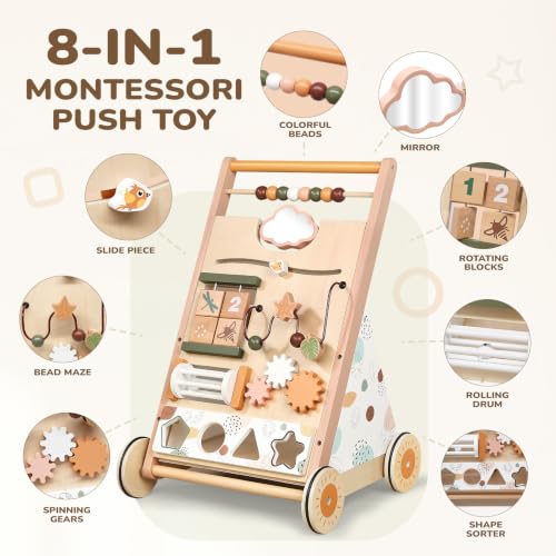 Image of Joyreal Wooden Push & Pull Toy Montessori Baby Activity Center for Toddlers | Adjustable Speed, 8-in-1 Baby Activity Cube, Shape Sorter, Sit-to-Stand, Christmas First Birthday Gifts, 12+ Months, Morandi