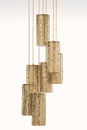 Image of MY Furniture Gold Multi-Drop Pendant Light – Cluster Chandelier with Laser-Cut Cylindrical Shades – Modern Ceiling Light for Staircase, Hallway, Dining Room or Entrance – Statement Design